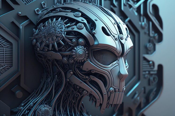Cara metálica del retrato del robot humanoide Concepto de inteligencia artificial Ai generativo