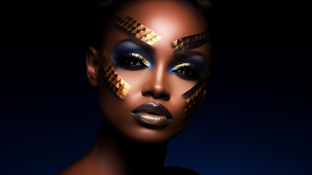 Cara de modelo afro en arte de maquillaje completo Moda de maquillaje de moda cara atractiva caliente piel oscura