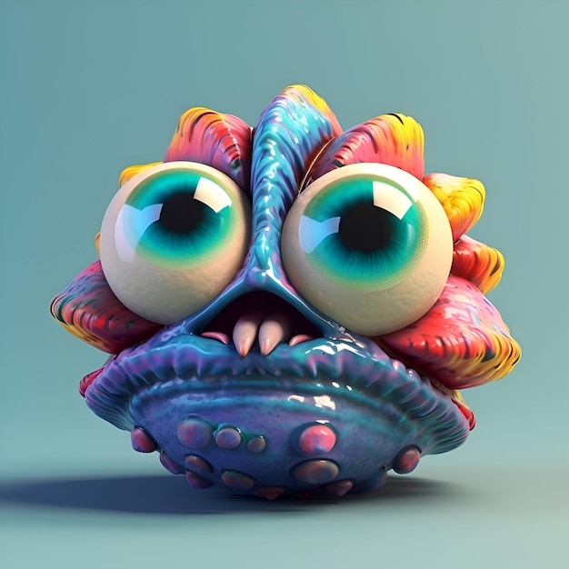 Cara de monstruo de dibujos animados con grandes ojos 3d render ilustración