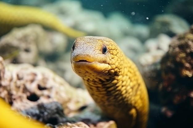 La cara de una morena mediterránea en primer plano pez popular en la acuicultura fondo de la vida marina