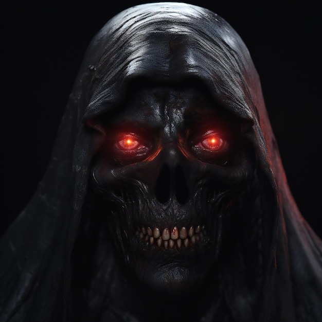 Foto cara de muerte aterradora mirándote con ojos rojos desde el espacio oscuro