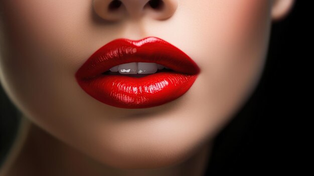 Cara de mujer alta moda glamour primer plano labios de hermosa joven caucásica modelo piel perfecta limpia con labios rojos coloridos y lápiz labial generativo ai