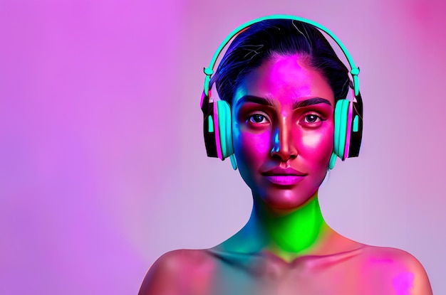 Cara de mujer con auriculares de estilo neón futurista