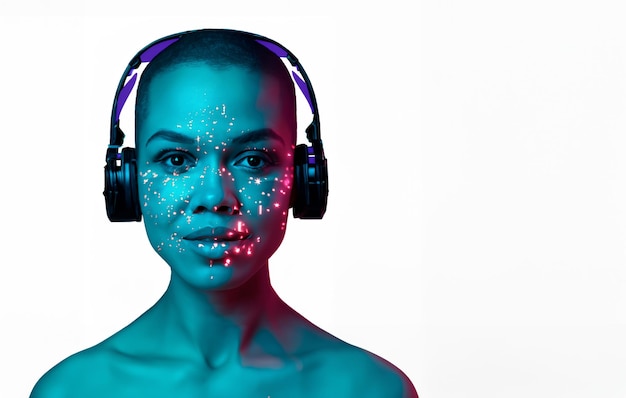 Cara de mujer con auriculares de estilo neón futurista