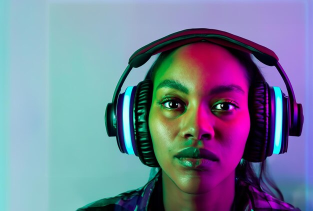 Cara de mujer con auriculares de estilo neón futurista