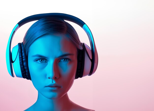 Cara de mujer con auriculares de estilo neón futurista