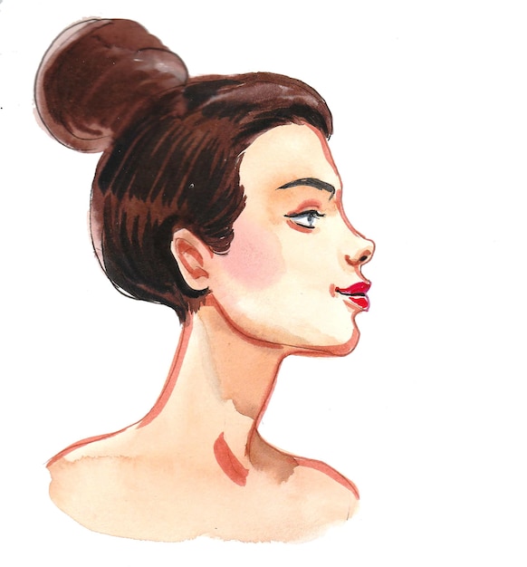 cara de mujer bonita. Dibujo a tinta y acuarela