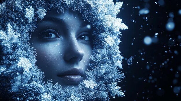 Cara de mujer enmarcada por ramas cubiertas de nieve con nieve que cae