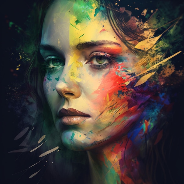 La cara de una mujer está pintada con pintura multicolor.