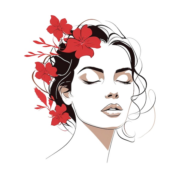 Cara de mujer con flores Arte surrealista de línea niña floral PNG transparente Generativo Ai