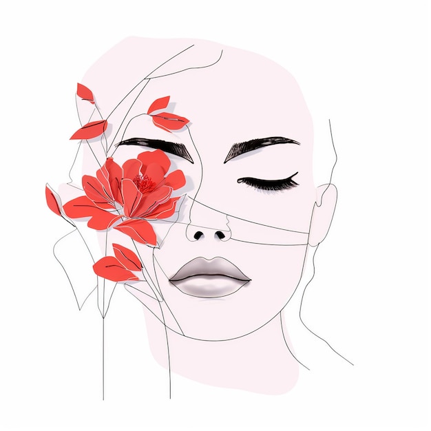 Cara de mujer con flores Arte surrealista de línea niña floral PNG transparente Generativo Ai