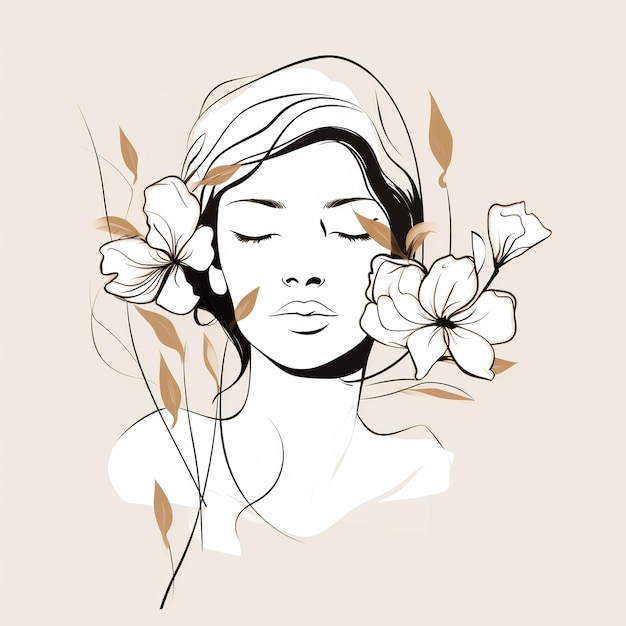 Cara de mujer con flores Arte surrealista de línea niña floral PNG transparente Generativo Ai