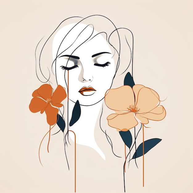 Cara de mujer con flores Arte surrealista de línea niña floral PNG transparente Generativo Ai