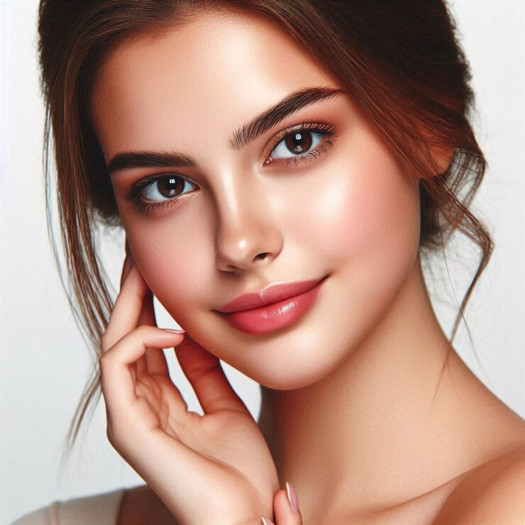 Cara de una mujer hermosa con un labio rosado y una sombra de ojos marrón