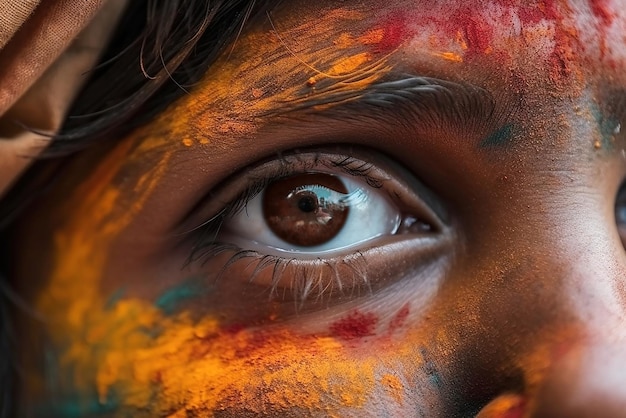 Foto cara de mujer india de cerca con pintura colorida