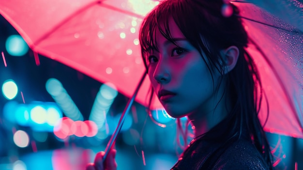 Foto una cara de mujer joven en iluminación de neón ciudad asiática calle noche ciudad día de lluvia