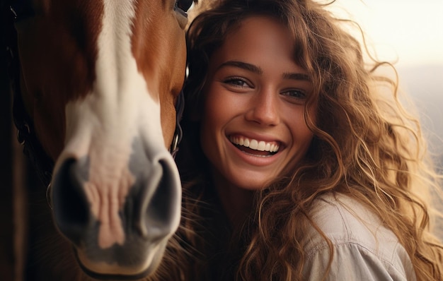 Foto cara de mujer joven sonriente con cara de hora tiempo tranquilo con animal