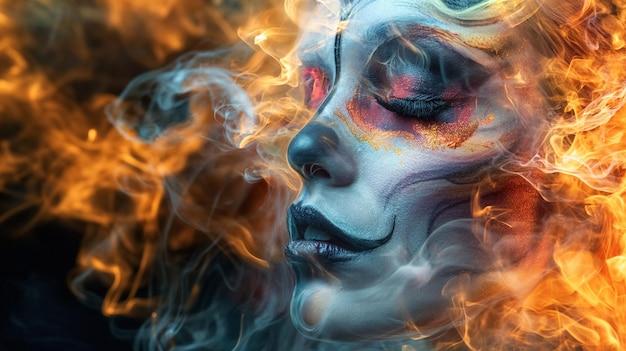 Cara de mujer con maquillaje artístico ardiente