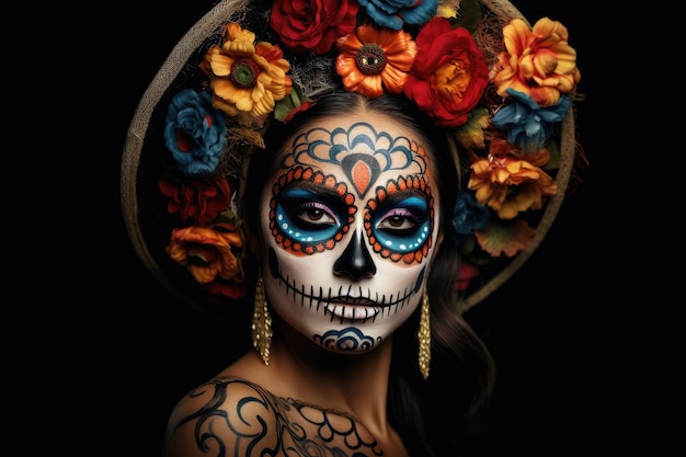 Cara de mujer con maquillaje del Día de los Muertos