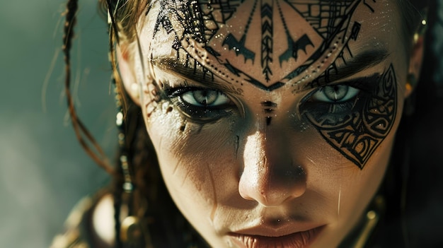 Foto cara de mujer con maquillaje de tatuaje tribal y mirada misteriosa y aguda imagen generada por ia