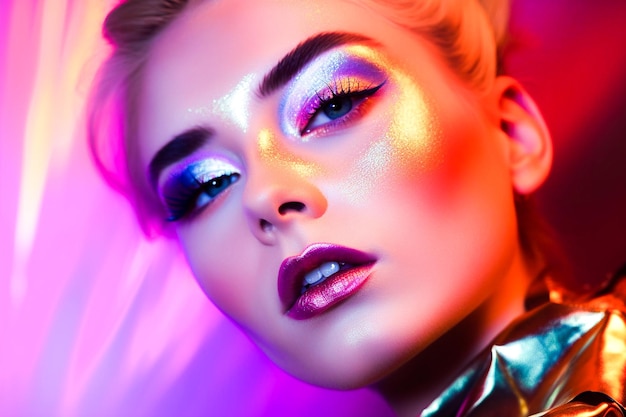 Cara de mujer de moda holográfica y brillo de maquillaje para la tendencia del holograma