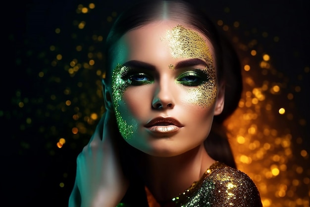 Cara de mujer modelo de moda con maquillaje de piel dorado brillante de moda