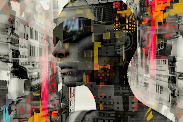 Foto la cara de una mujer se muestra en un paisaje urbano con muchos edificios y letreros de neón