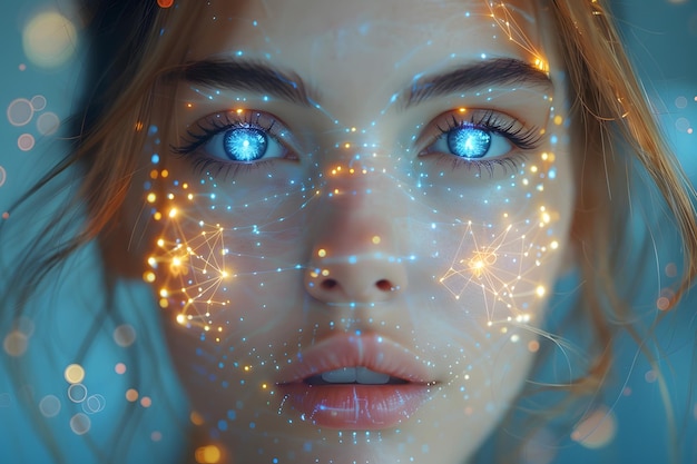 Foto cara de mujer con ojos azules brillantes ia generativa