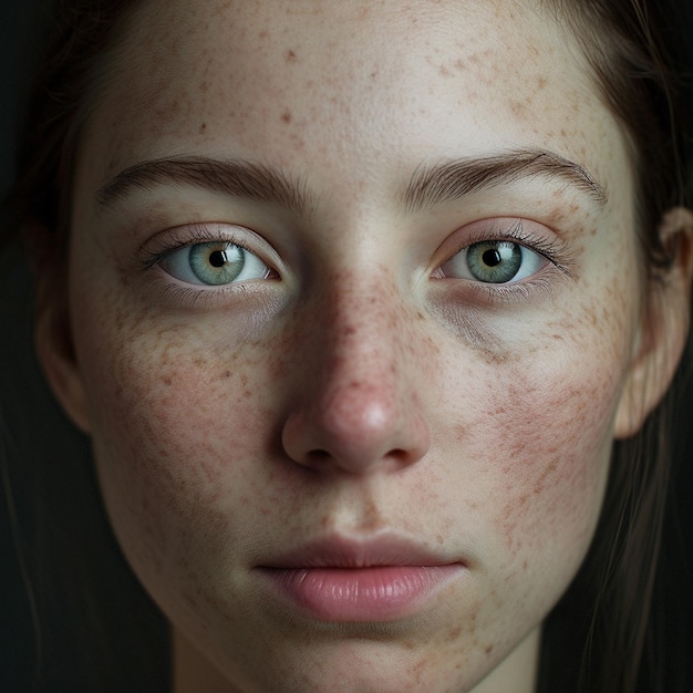 La cara de una mujer con pecas y un labio rosa.