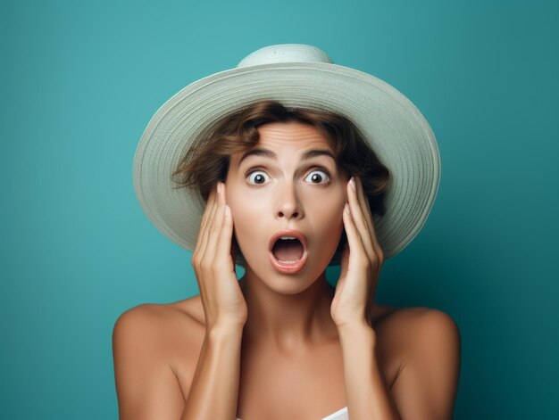 Foto cara de mujer con un personaje con un sombrero clásico en un fondo azul modelo de chica bonita