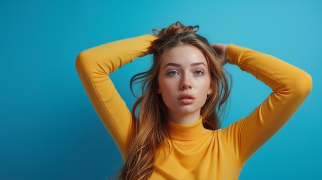 Foto cara de mujer con un personaje con un sombrero clásico en un fondo azul modelo de chica bonita