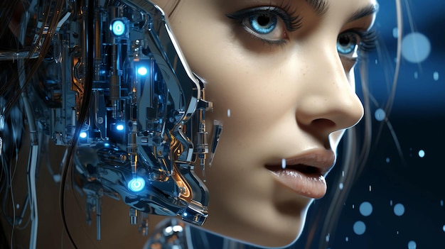 Cara de mujer robot digital futurista con detalles metálicos