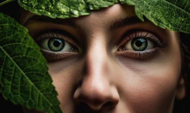 Cara de mujer con textura de hoja y ojos verdes Concepto de ecología IA generativa