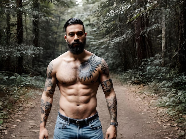 Cara musculoso tatuado sexy com barba e jeans olhando para a câmera no meio da floresta