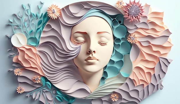Cara de niña en flores y pétalos en el estilo de aplicación de papel 3D