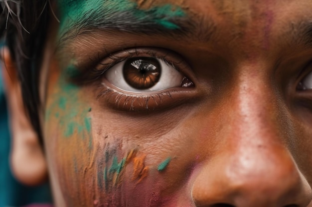 Cara de niño indio de cerca con pintura colorida