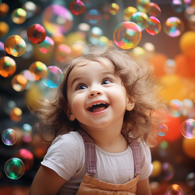 la cara del niño sonríe con coloridas bolas voladoras sobre un fondo brillante