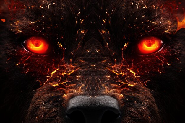 Foto la cara del oso brillante los ojos rojos de fuego la cabeza salvaje genera ai