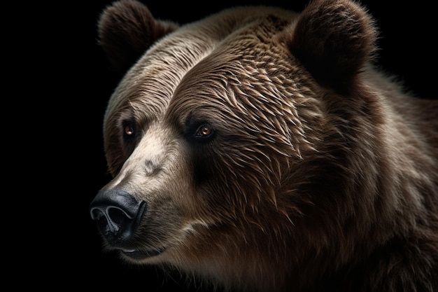 La cara de un oso se muestra contra un fondo negro.