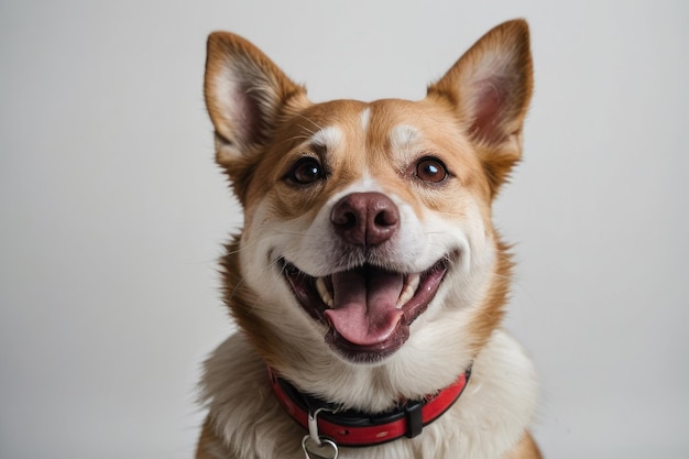 una cara de perro feliz y sonriente en un fondo blanco