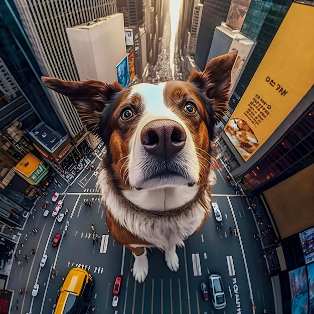 Cara de perro grande retratada en la cámara del ojo cuadrado de la ciudad