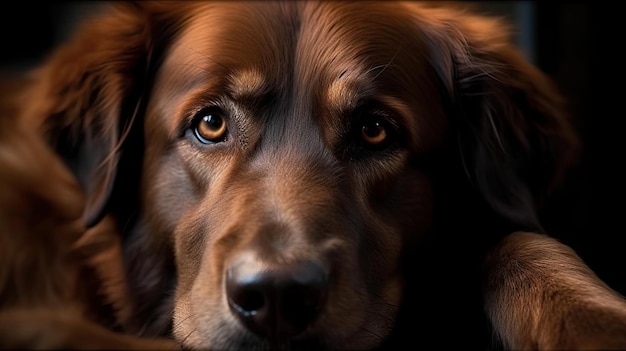 La cara de un perro se muestra con un fondo negro.