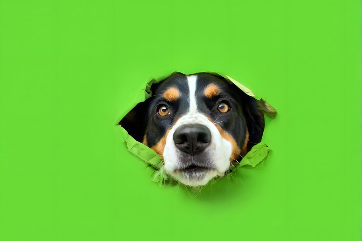 La cara de un perro se muestra a través de un agujero en un fondo verde