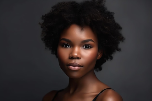 Cara y piel de retrato con una mujer negra modelo en estudio sobre un fondo gris para tratamiento de belleza