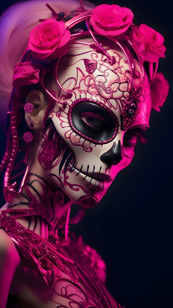 Cara pintada de una mujer sobre un cráneo esqueleto decorado con rosas rosadas sobre un fondo oscuro Para el día de los muertos y Halloween