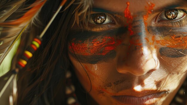 Foto cara en primer plano de una mujer nativa brasileña en una tribu indígena en el amazonas