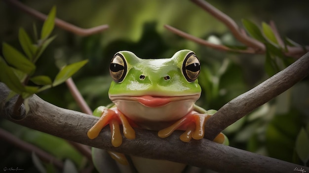 Cara de rana voladora en primer plano en una rama