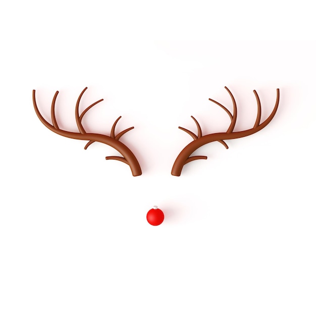 Cara de reno de navidad mínima abstracta hecha con astas y una nariz de decoración de adorno d renderizado