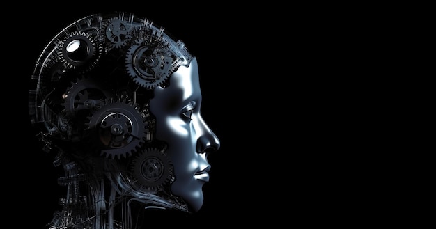 Cara de robot femenino sobre fondo oscuro Banner del concepto de inteligencia artificial