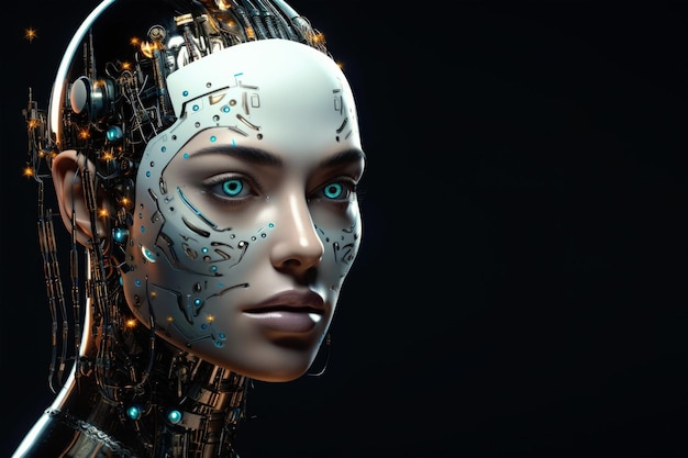 Cara de robot femenino sobre fondo oscuro Inteligencia artificial IA generativa